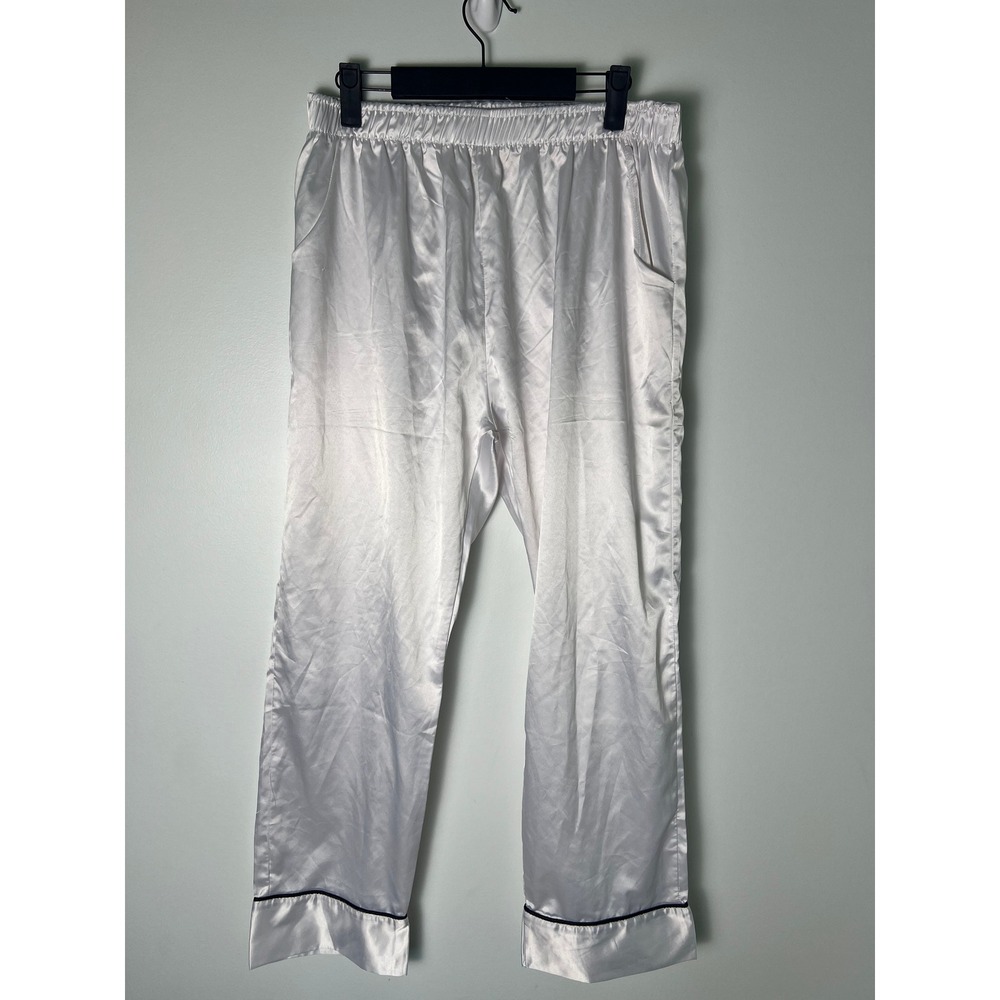 Missimia Pajama Pants Wm M White Satin Contrast Piping Pockets Loungewear Bridal
